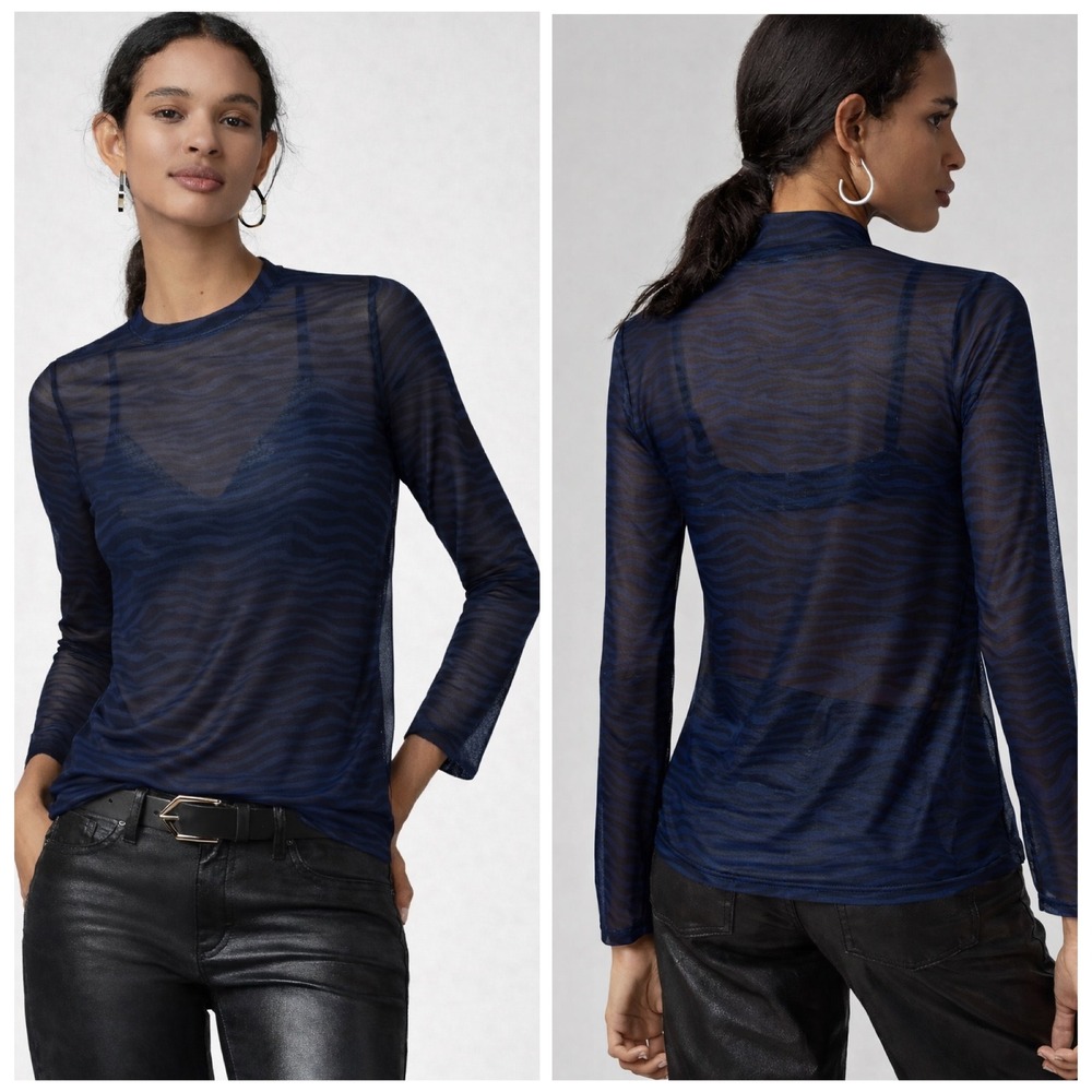 Anthropologie Mesh Top Women's S Blue Tiger Stripe Mock Neck Sheer‎ Grunge Indie